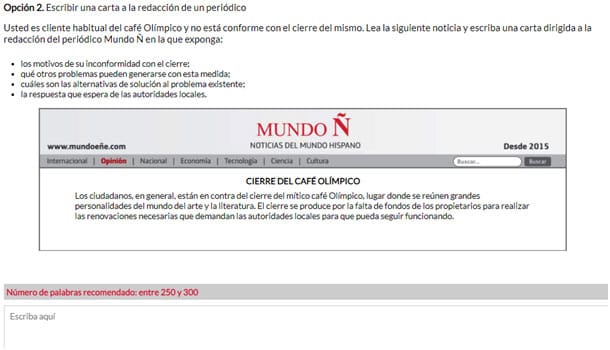 Sample written expression task from the SIELE Spanish proficiency exam