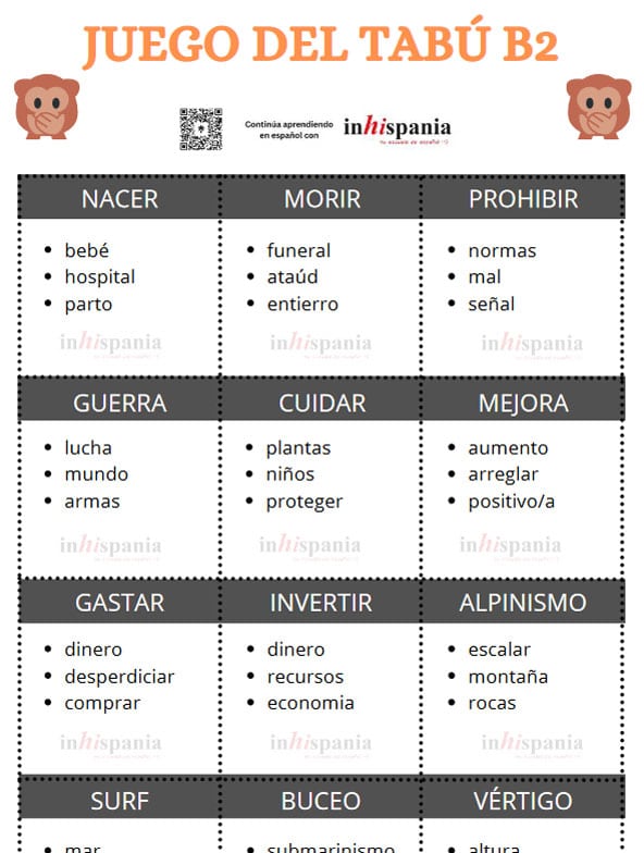 Juego del Tabú para parender Español