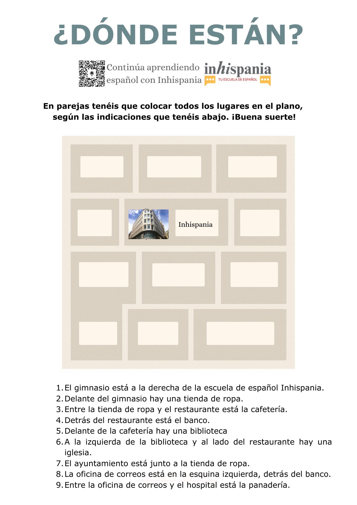 Actividad de español para practicar vocabulario de lugares y expresiones de ubicación