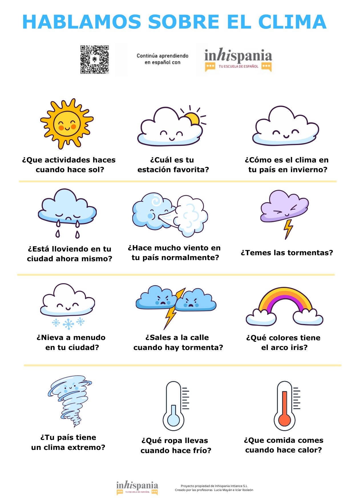 Infografía en español para practicar vocabulario y conversación sobre el clima, con preguntas sobre estaciones, lluvia, viento, tormentas, nieve, arcoíris y temperaturas.