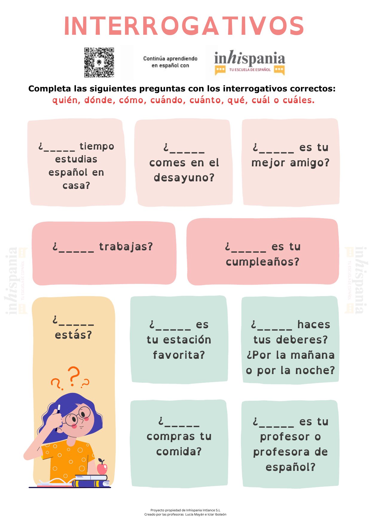 Infografía de español con ejercicios para practicar los interrogativos quién, dónde, cómo, cuándo, cuánto, qué, cuál y cuáles mediante preguntas cotidianas.
