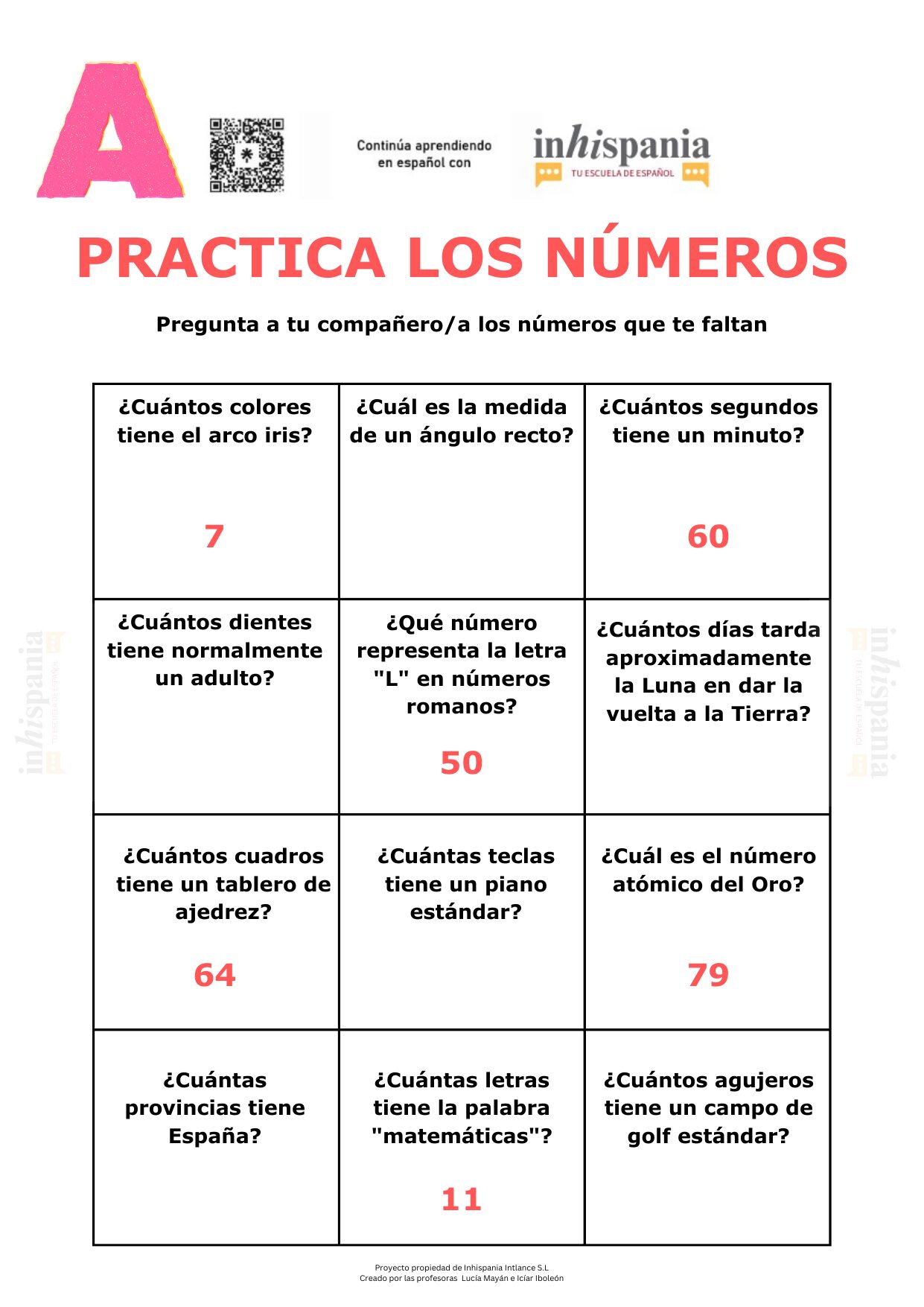 Infografía en español para practicar los números mediante preguntas sobre el arcoíris, ángulos, minutos, dientes, ajedrez, piano, oro, provincias y palabras.