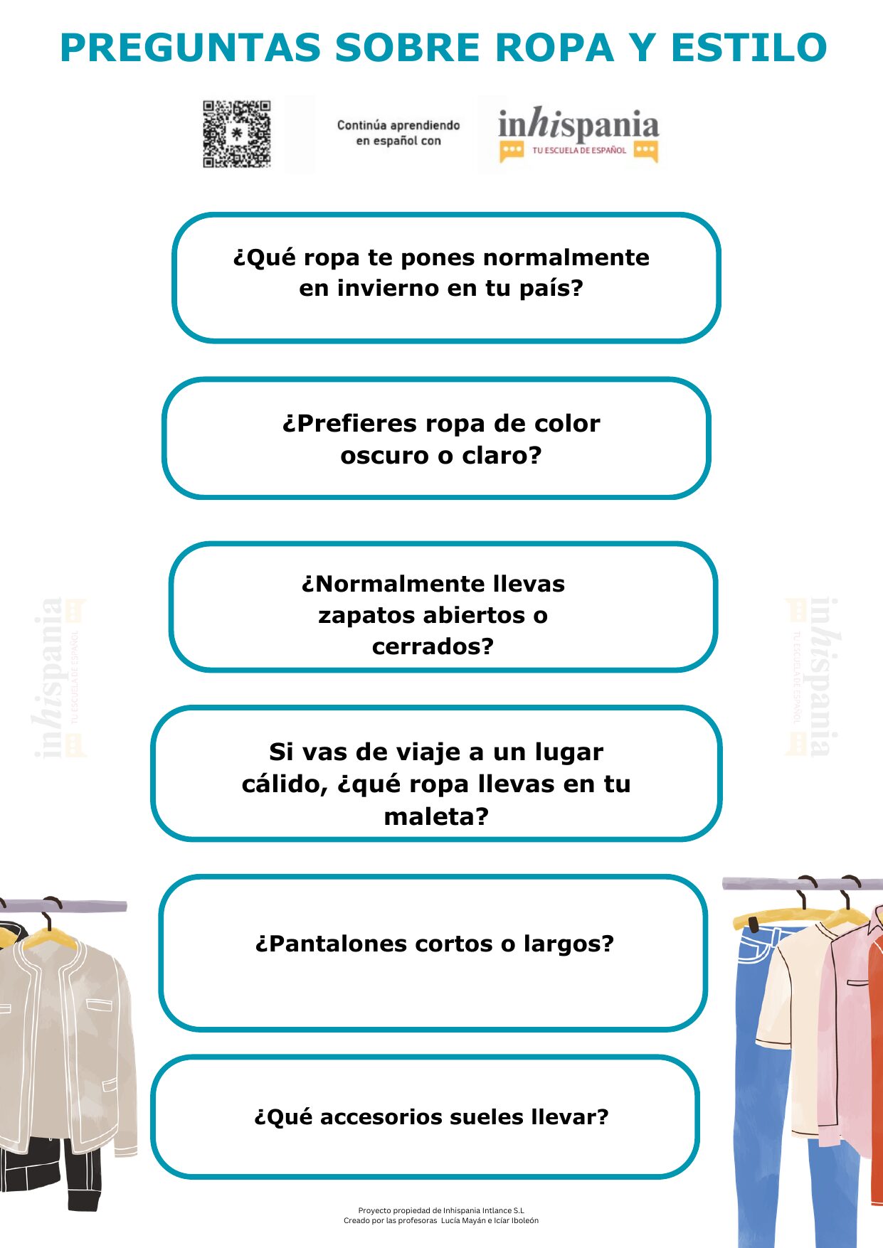 Infografía en español para practicar vocabulario de ropa y estilo con preguntas de conversación sobre prendas, colores, calzado y accesorios.