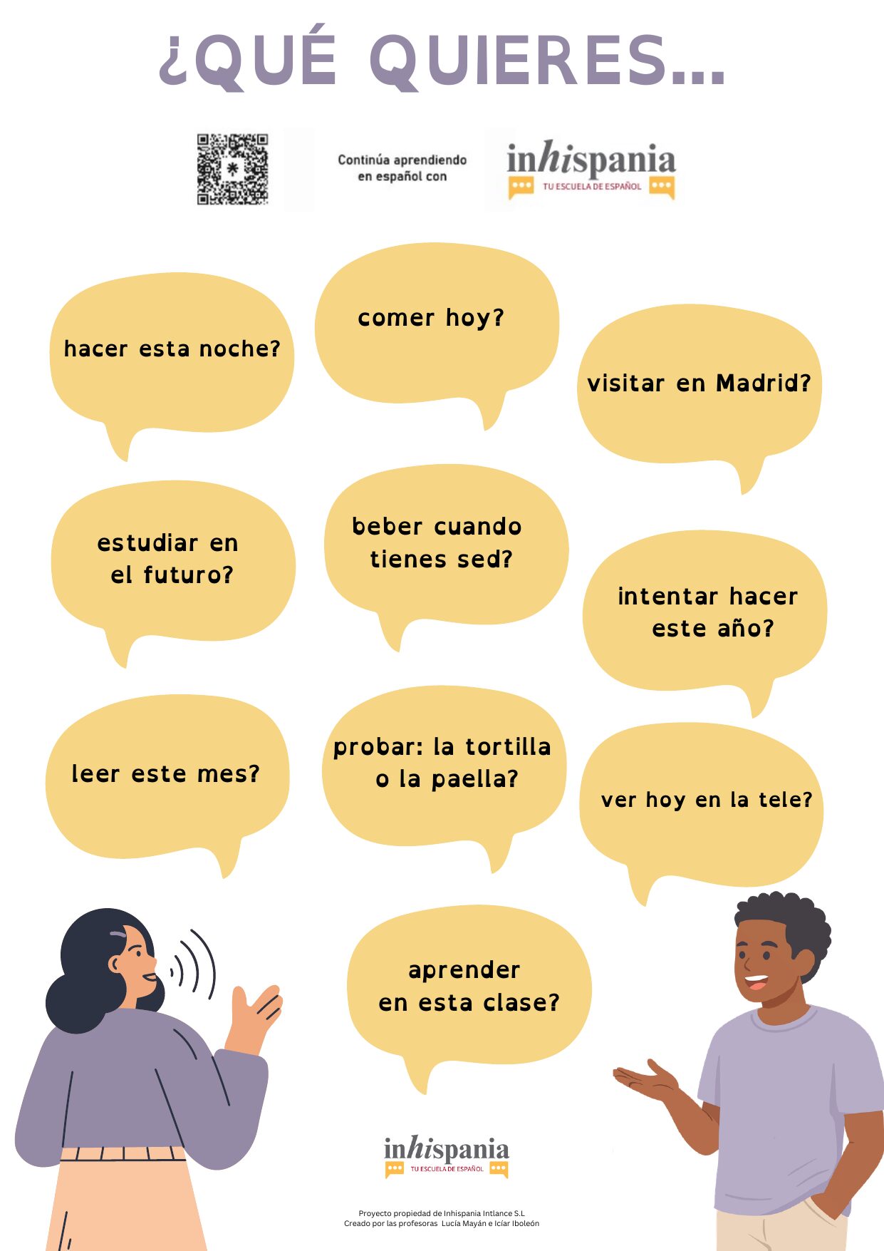 Actividad de español para practicar el verbo querer más infinitivo, con preguntas sobre gustos y preferencias de comida, ocio y planes.