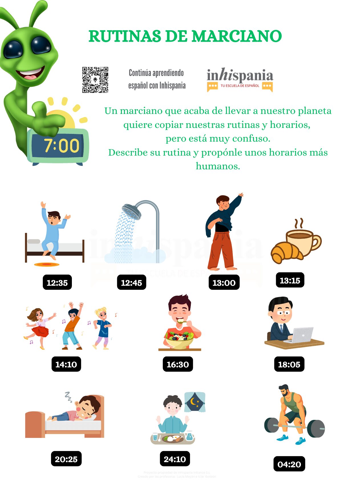 Infografía en español para practicar la rutina diaria y las horas, describiendo actividades cotidianas como levantarse, ducharse, desayunar y trabajar.