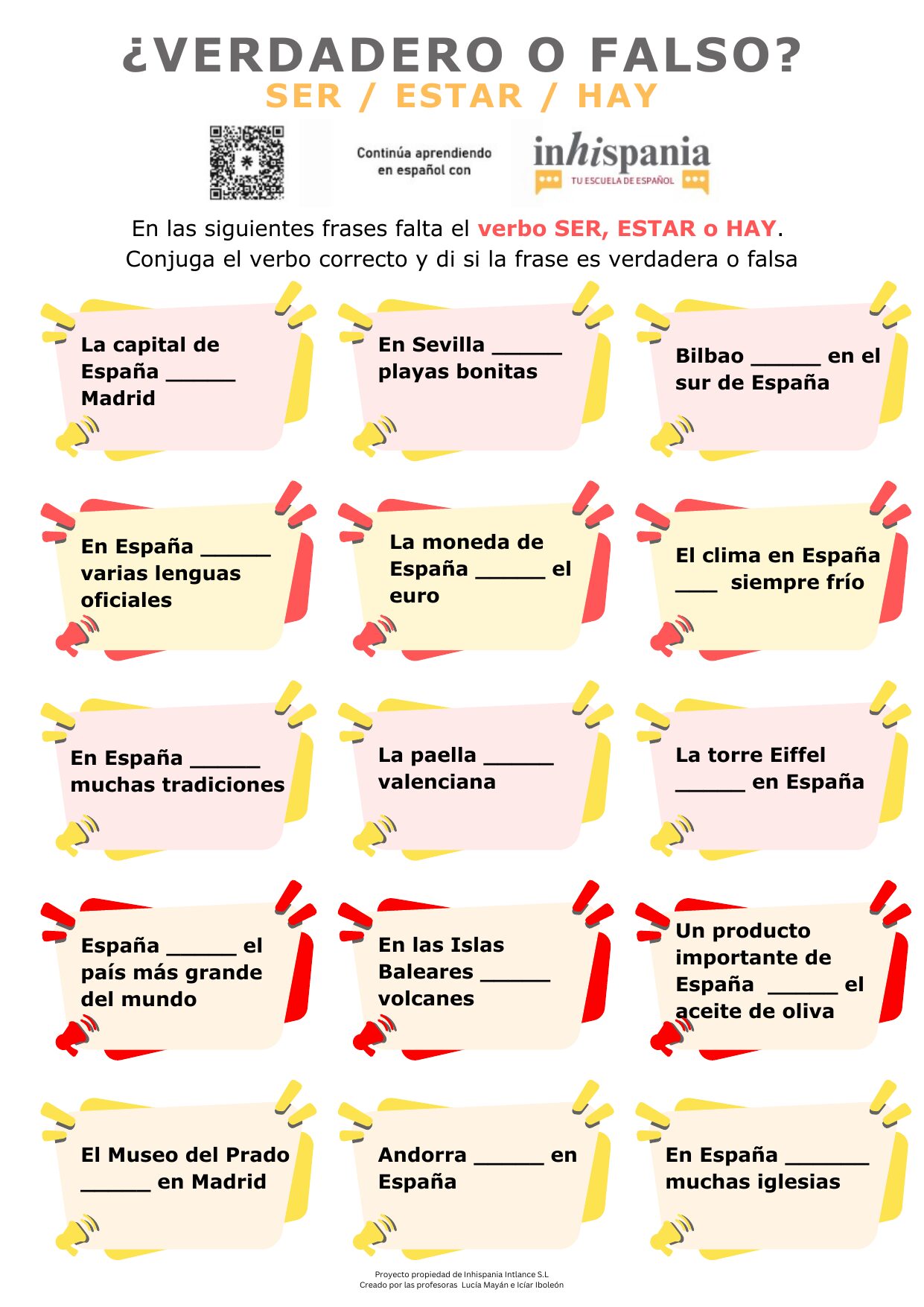 Actividad de verdadero o falso en español para practicar ser, estar y hay con frases sobre la cultura y la geografía de España.