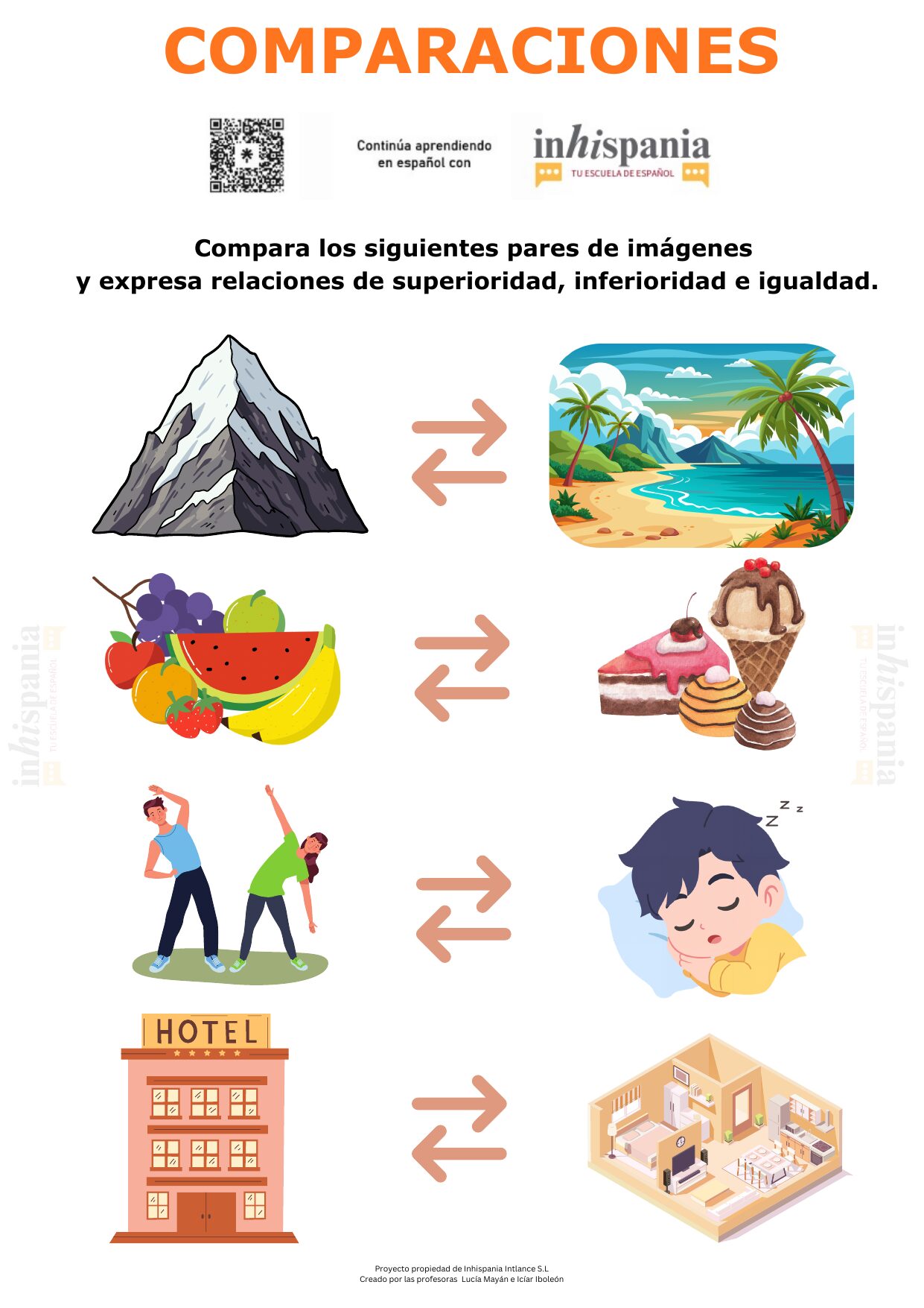 Actividad de español para practicar las comparaciones, expresando superioridad, inferioridad e igualdad a partir de pares de imágenes.