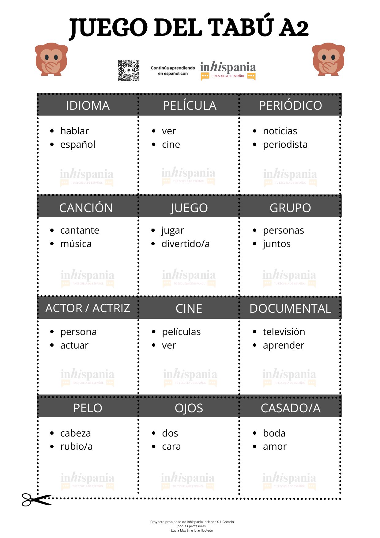 Juego del tabú en español de nivel A2 con tarjetas de vocabulario para describir palabras y practicar la expresión oral en clase.